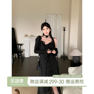 joeyjoy酒一黑色吊带连衣裙，女2024夏季性感，裙子时尚波点长裙