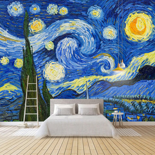 星空梵高油画大型自粘壁画，贴纸壁纸墙贴墙纸，客厅卧室电视背景墙