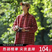 VIISHOW2024春季红色格子长袖衬衣男款宽松休闲纯棉衬衫男士