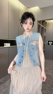 rrfashion单排扣牛仔马甲吊带，连衣裙套装两件套女2024夏季