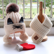 秋冬季宝宝帽子围巾套装儿童，加厚针织毛线帽，子围围脖手套可爱猫咪