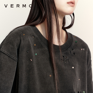 VERMO“怀旧自然”男女同款 手缝天然宝石 复古酸洗做旧破洞T恤