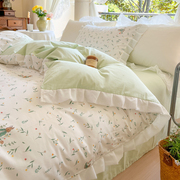 法式公主风花边四件套纯棉全棉小碎花田园床单被罩宿舍床上用品绿