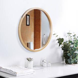 北欧实木圆镜浴室镜化妆镜卫生间，楠竹材质高清镜面可悬挂镜