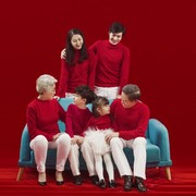 韩全家福亲子装拍照服装红色毛衣一家六口亲子艺术照儿童摄影
