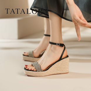 tatalory女鞋2024法式一字带坡跟，厚底高跟鞋女夏季草编凉鞋