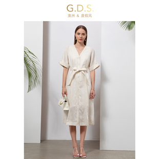 gds澳洲度假风高端亚麻连衣裙，奢华大牌高级感纯色，高档宽松中长裙