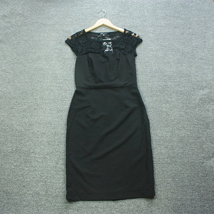 外贸原单出口欧美女士春夏季蕾丝OL修身短袖中长款连衣裙小黑裙