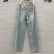 jeans阿凡牛3270口袋刺绣，直筒牛仔裤女2024春季浅蓝色高腰阔腿裤