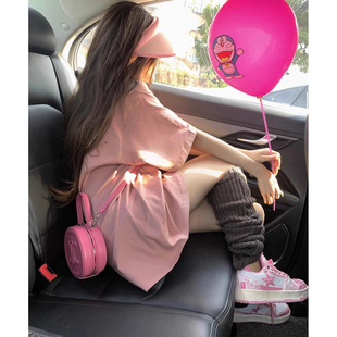 美式印花粉色短袖T恤女夏季2024韩系休闲宽松中长款chic上衣