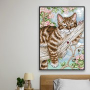 高端棉线印花十字绣树上的懒猫，动物系列简约现代卧室diy自绣刺绣