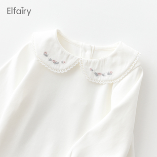 elfairy婴儿打底衫女童长袖，白t恤春秋宝宝纯棉，内搭儿童娃娃领上衣