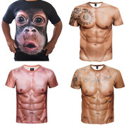 创意假腹肌肉短袖t恤男个性，大猩猩衣服3d立体猴子图案搞怪体上衣
