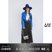 UX2024春季宝蓝色猫咪长袖衬衫高级感修身衬衣拉链外套女