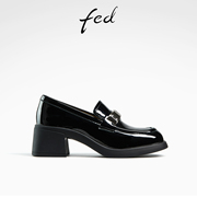 fed黑色小皮鞋春季女鞋一脚蹬粗跟单鞋乐福鞋女款D0224-YA360