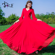 红色雪纺连衣裙2024夏v领收腰长款气质大摆夏天显瘦长裙女
