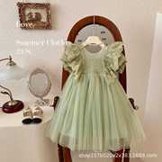 女童连衣裙夏季2024儿童蕾丝镂空花边袖洋气绿色网纱公主裙子