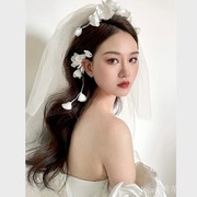 超仙美韩式新娘白色花朵头饰发夹森系发饰旅拍影楼结婚婚纱配饰品