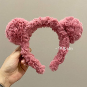 韩国毛绒超大兔耳朵蝴蝶，结发箍玫瑰粉色，网红洗脸韩式头箍发卡