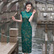 绿色短袖双层长款旗袍，2024春夏女日常可穿走秀款演出服装礼服
