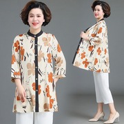 中年棉麻夏装雪纺衬衫套装2023中老年女装七分袖上衣薄外套