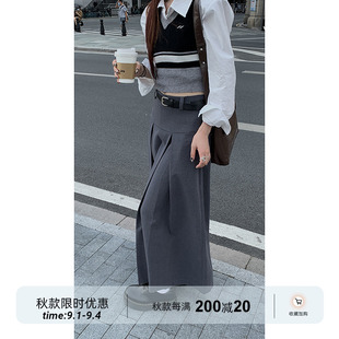 红人馆西装半身裙，女2023春秋显瘦高腰，灰色裙子气质百褶裙长裙