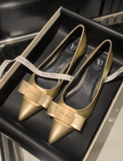 手工牛皮elegant气质尖头单鞋，女平底鞋低跟瓢鞋蝴蝶结，金银色(金银色)真皮