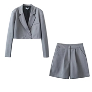 欧美风2022秋季女装法式复古纯色休闲短款小西装高腰短裤套装