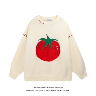 httaosup秋冬西红柿番茄刺绣针织衫，男女设计感前卫圆领毛衣潮