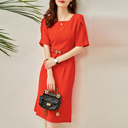 23夏季时尚气质方领短袖纯色，中长款修身喜气红色连衣裙礼服裙