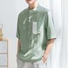 亚麻短袖t恤男2024夏季绿色立领七分中袖衬衫，宽松棉麻上衣潮