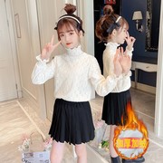 女童打底衫纯棉长袖蕾丝T恤加绒加厚中大童2023韩版高领洋气