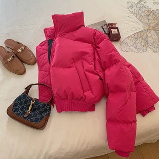 玫红色立领短款面包服女潮冬季2022时尚甜美百搭洋气棉服外套