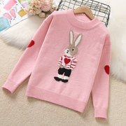女童毛衣秋冬季2023洋气，卡通兔子粉色上衣儿童，加厚针织打底衫