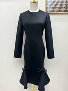 设计师款黑色鱼尾裙摆连衣裙 羊毛混纺前后缝制蝴蝶结 灵动又时髦