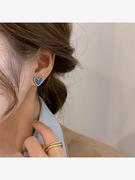 蓝色心形耳夹无耳洞女感耳环原创设计气质耳钉法式耳饰简约潮