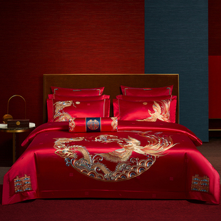 奢华婚庆四件套高端真丝棉龙凤喜被十件套大红色结婚刺绣床上用品