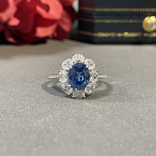 2克拉皇家蓝戒指s925纯银，高级感培育高碳钻椭圆蓝钻指环饰品