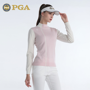 美PGA高尔夫服装女士毛衣半高领套头羊毛衫舒适保暖针织外套
