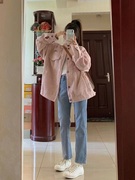 外套女春秋款韩版宽松粉色灯芯绒夹克上衣浅蓝直筒九分裤两件套装