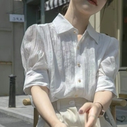 高级感通勤职业白色衬衫，女夏季设计感小众天丝，雪纺泡泡袖别致上衣