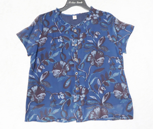 真丝短袖T恤夏装女士桑蚕丝衬衫薄款蓝色花朵
