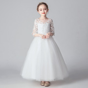 花童白色大码蓬蓬裙礼服公主，裙小女孩学生连衣裙，主持人钢琴演出服