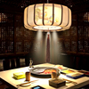新中式吊灯复古带射灯，餐厅包间布艺古典创意灯具，圆形茶楼过道灯笼