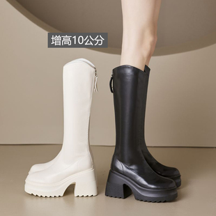 增高10厘米厚底高筒靴女2024长筒靴加绒高跟靴子小个子骑士靴