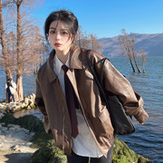 棕色皮衣外套女2023年秋冬季机车服短款咖色美式加厚皮夹克