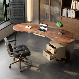 胡桃色实木轻奢现代书桌北欧设计师款大板中式办公桌高级感书房桌