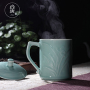 陶瓷杯茶杯办公杯会议室泡茶杯子龙泉市青瓷水杯带盖大容量泡茶杯