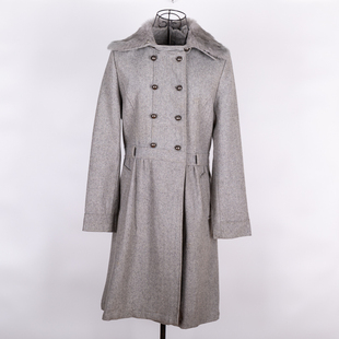 冬装淑女装灰色修身型长袖双排，扣中长款通勤纯色，毛领可卸羊毛大衣