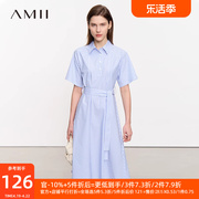 amii2024夏极简文艺宽松条纹，梭织全棉短袖，宽松配腰带连衣裙女